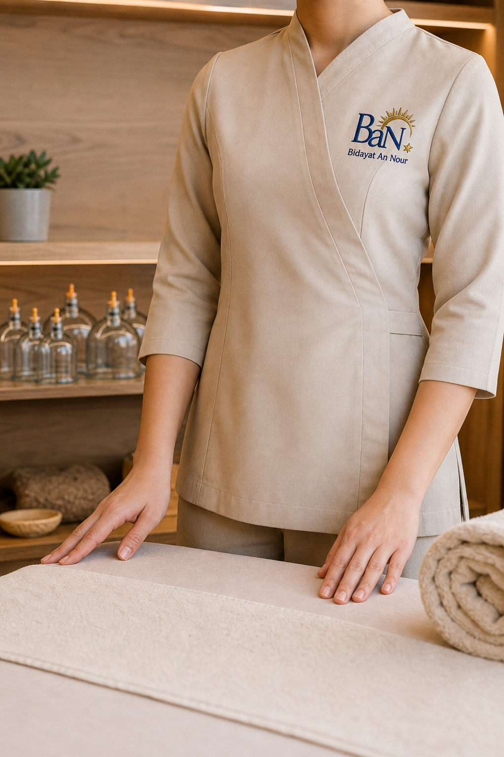 Cabinet bien-être préparé : table de massage, linge propre et lumière douce